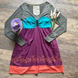 Scrapbook Long Sleeve Mini Dress in Gray, Teal, Purple, Coral